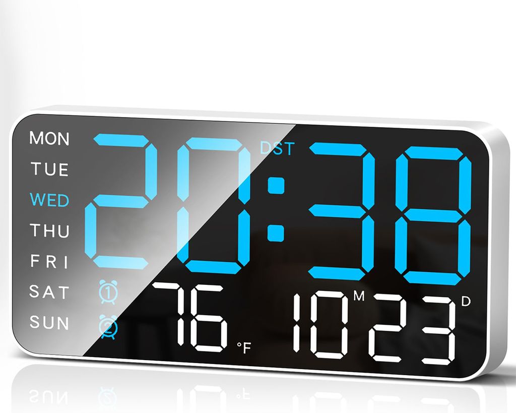 9,5'' Große Digitale Wanduhr, LED Wecker mit Großen Ziffern, Datum, Temperatur, Sommerzeit, 5 Helligkeitsstufen für Schlafzimmer, Büro, Wand, Blau