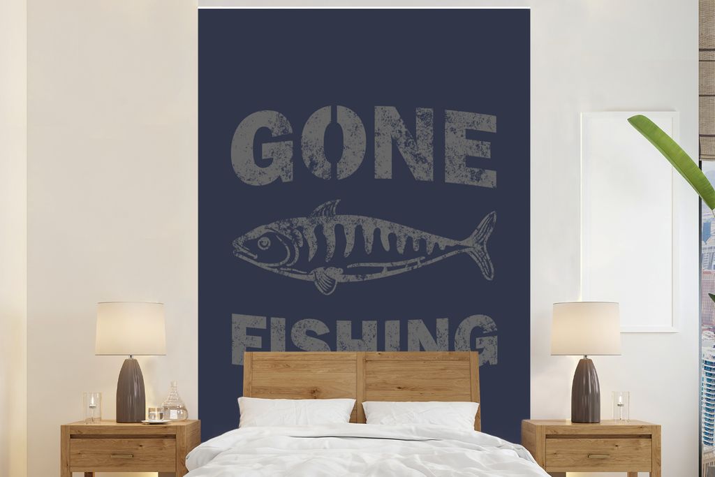 MuchoWow Fototapete für Wohnzimmer oder Schlafzimmer Wandtapete Vinyl Motivtapete Vintage - Fisch - Blau - 160x240 cm - Vinyltapete