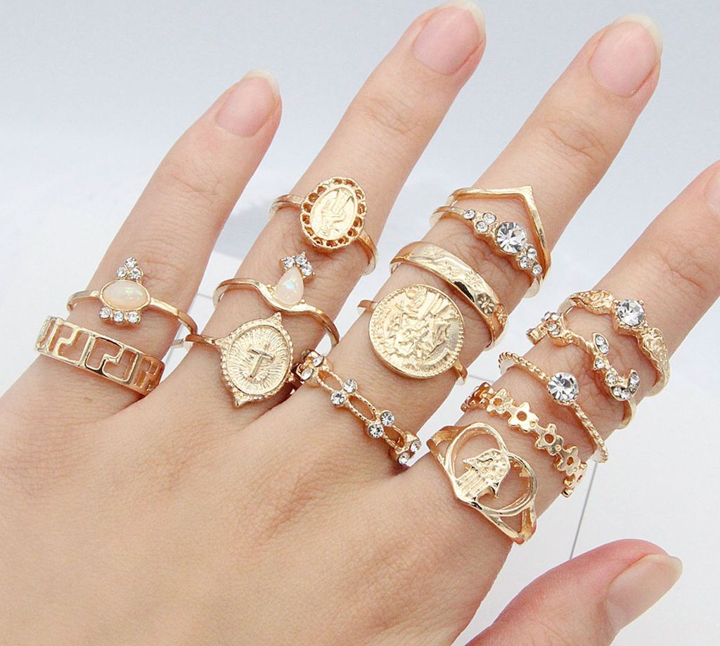 15 Teile/satz Mode Ring Künstlerische Legierung Herz Faux Kristall Fingerring für Den Täglichen Verschleiß