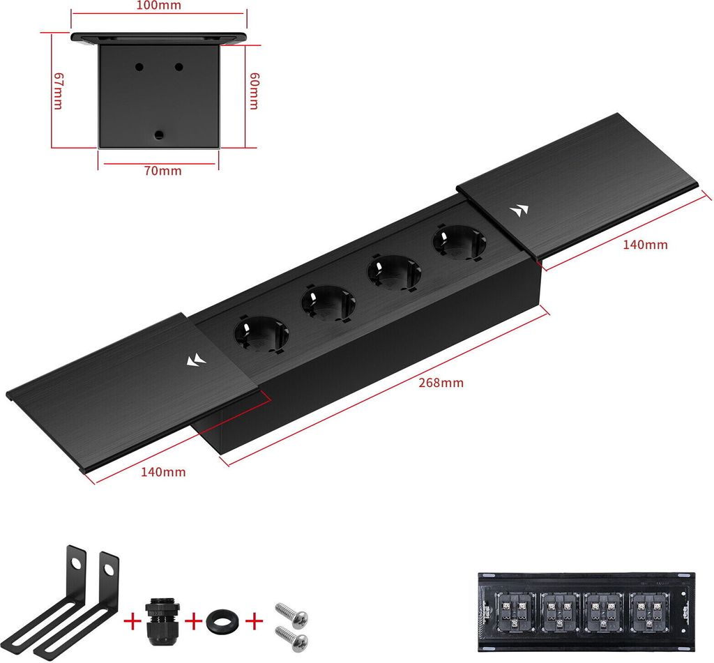 Einbausteckdose Aluminium Tischsteckdose Bodensteckdose Fußboden Steckdose 230V Modell B / 4-Fach / Schwarz