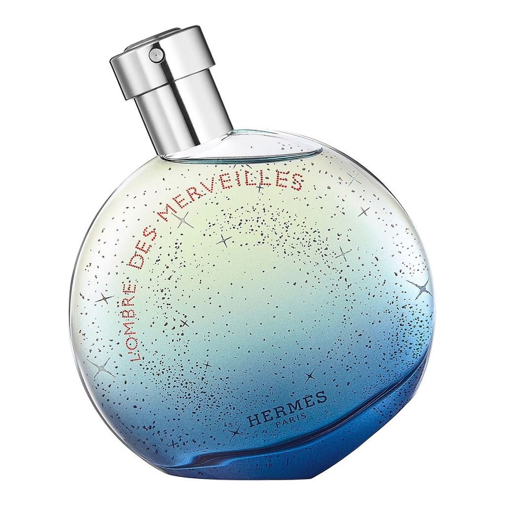 A round perfume bottle with a gradient of colors from yellow to blue, speckled with glitter and stars.