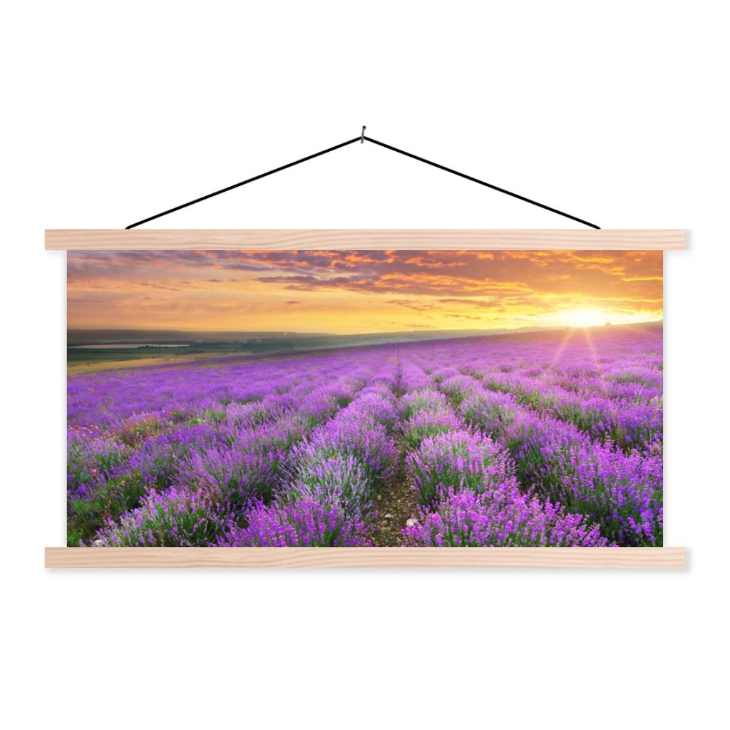 MuchoWow Textilposter Lavendel - Wolken - Frühling 120x60 cm mit holzfarbenen Rahmen - Klemmleiste