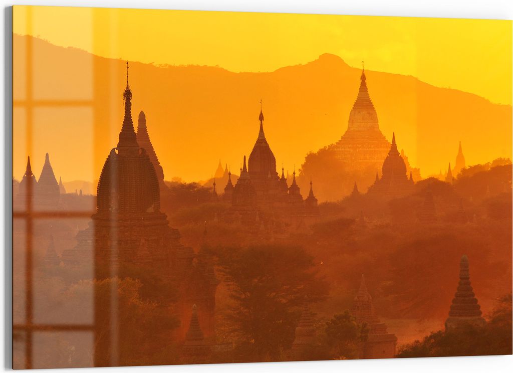 DEQORI Glasbild Echtglas 90x60 cm 'Goldene Stupas' Wandbild Bild modern Deko