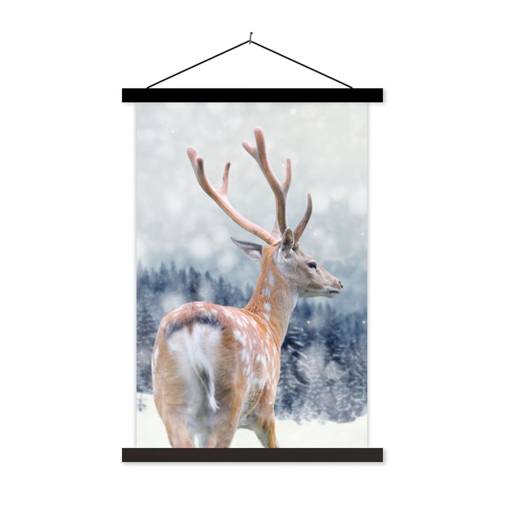 MuchoWow Textilposter Winter - Hirsche - Tiere 40x60 cm mit schwarzem Rahmen - Wanddekorationen
