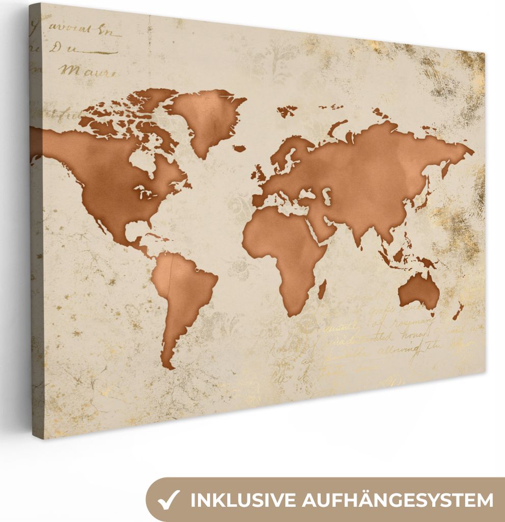 OneMillionCanvasses - Leinwandbilder - 140x90 cm, Weltkarte - Papyrus - Kupfer, Wandbilder Kunstdruck Wanddekoration