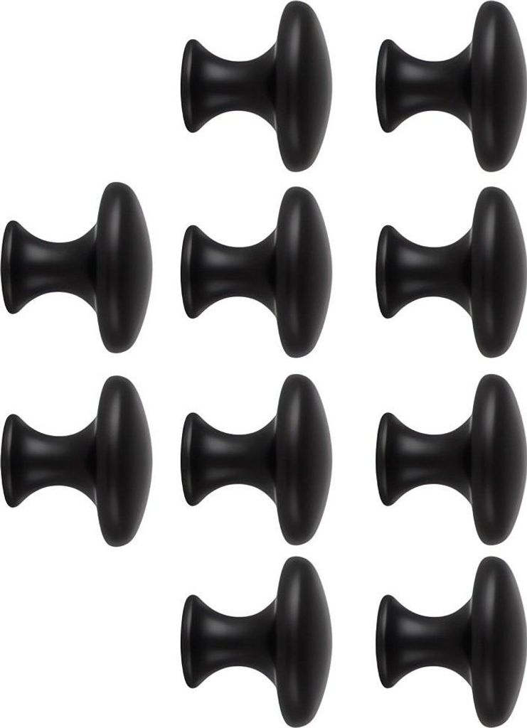 A collection of black cabinet knobs arranged in a grid.
