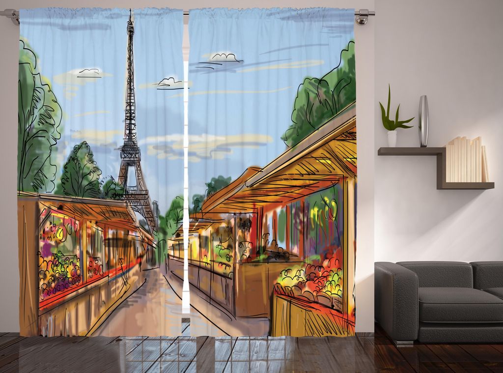 ABAKUHAUS Paris Rustikaler Gardine, Bunte Skizze Straße Eiffel, Wohnzimmer Universalband Gardinen mit Schlaufen und Haken, 280 x 225 cm, Amber und...