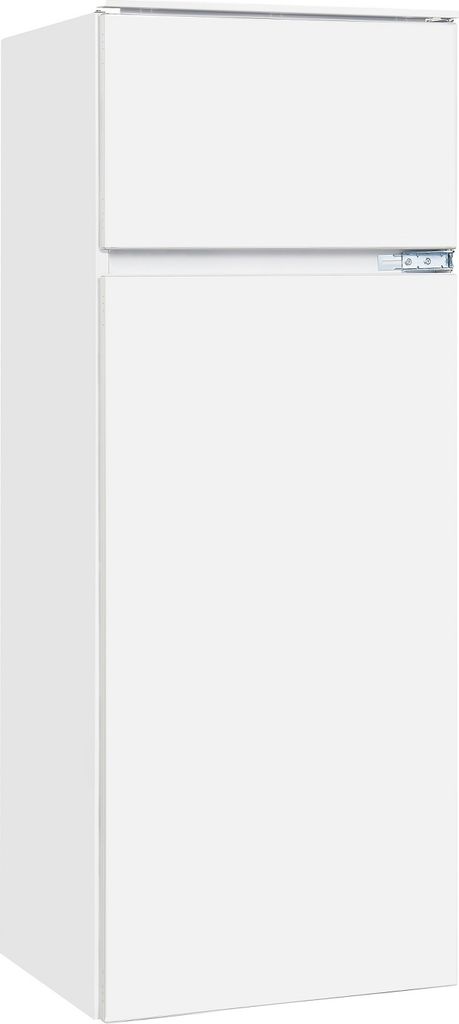 A white refrigerator seen from a slightly angled front-left perspective.