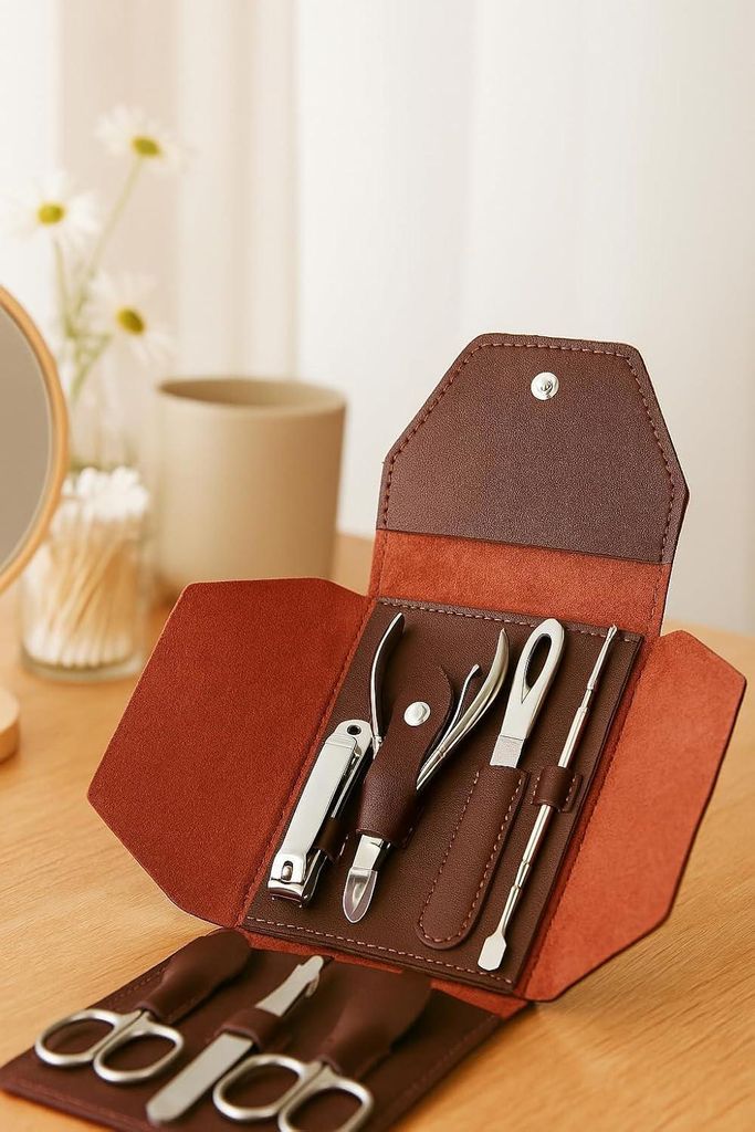 Maniküre/Pediküre-Set - Nagelknipser und Pflegeset für Männer und Frauen mit braunem Lederetui