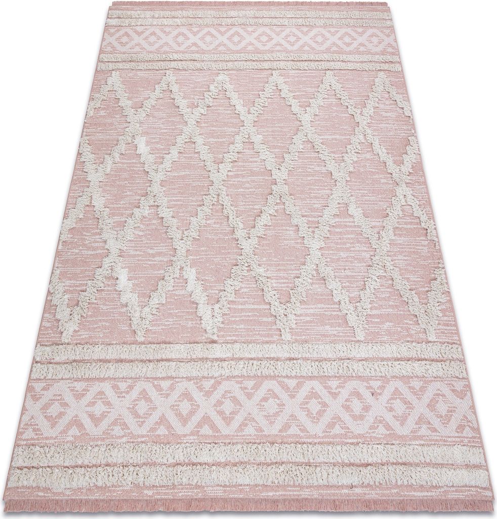 Teppich ÖKO SISAL BOHO MOROC Diamanten 22297 Franse - zwei Ebenen aus Vlies rosa / creme, recycelter Teppich Rosa 194x290 cm