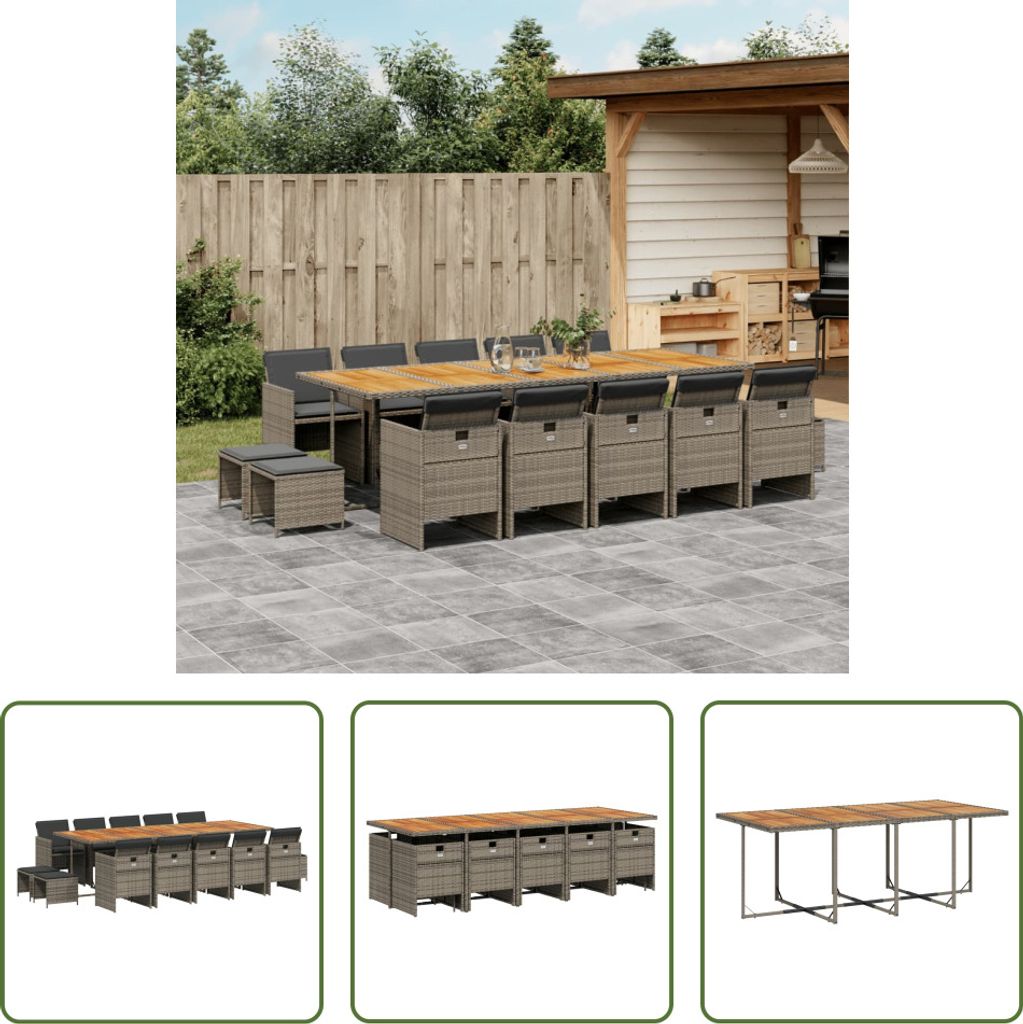 The Living Store 15-tlg. Garten-Essgruppe mit Kissen Grau Poly Rattan