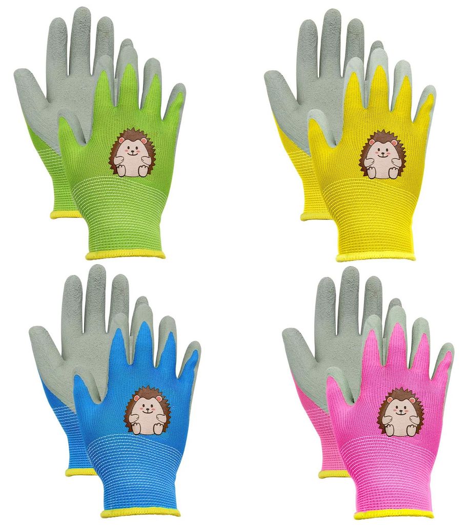4 Paar Gartenhandschuhe für Kinder, 4 Farben Kinderarbeitshandschuhe mit Cartoon-Aufdruck, niedliche Igel-Gartenhandschuhe für Kinder, verschlei...
