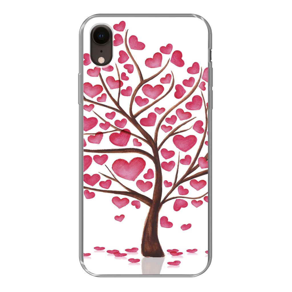 MuchoWow Handyhülle Schutzhülle Hülle für iPhone XR Eine Illustration eines Baumes mit Herzen Silikon Softcase Handy Hülle - Schutzdeckel