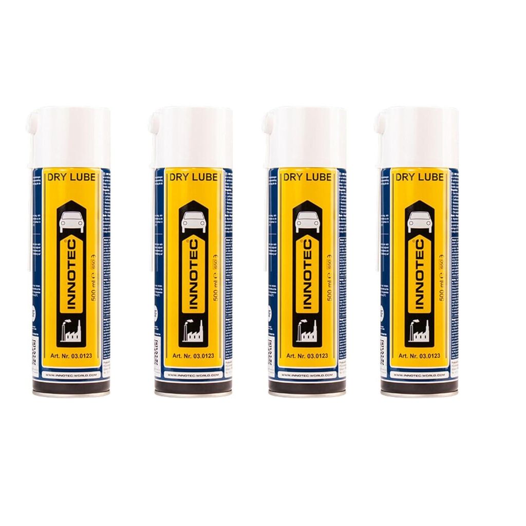 4 Stück INNOTEC Dry Lube Trockenschmiermittel 500 ml – PTFE-Spray, silikon- und fettfrei, transparenter Schmierfilm, antistatisch, wasserbeständig