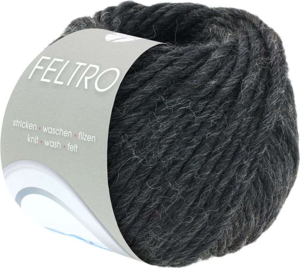 A ball of dark gray yarn with a label.