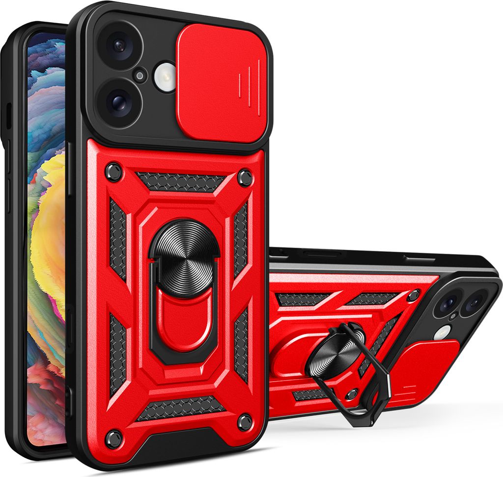 Panzer Hülle iPhone 16 Plus mit Kameraschutz & Ringhalter – Rot