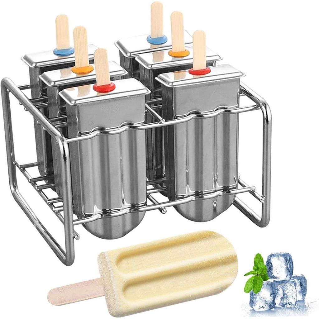 6er Set Eisformen aus Edelstahl mit Ständer – Doppel-Schlitz Eisförmchen für DIY Eiscreme & Frozen Joghurt