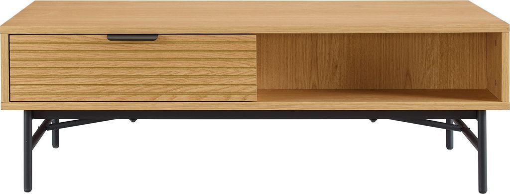 SalesFever Couchtisch | mit 2 Schubladen und offenem Fach | MDF Eiche Echtholzfurnier | Gestell Metall | B 120 x T 60 x H 40 cm | natur – schwarz