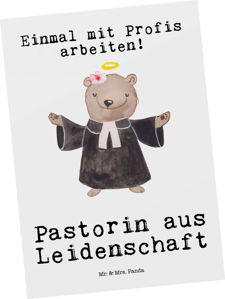 Mr. & Mrs. Panda Postkarte Pastorin Leidenschaft - Weiß - Geschenk, Kirche, Pfarrerin, Lustig, Ansichtskarte, Postkarten, Grußkarte, Witzig, bild...