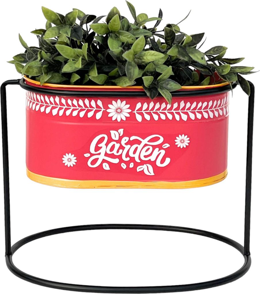 DanDiBo Blumenhocker mit Topf Metall Stehend Rot Oval 24 cm Blumenständer 96526 S Blumensäule Modern Pflanzenständer Pflanzgefäß