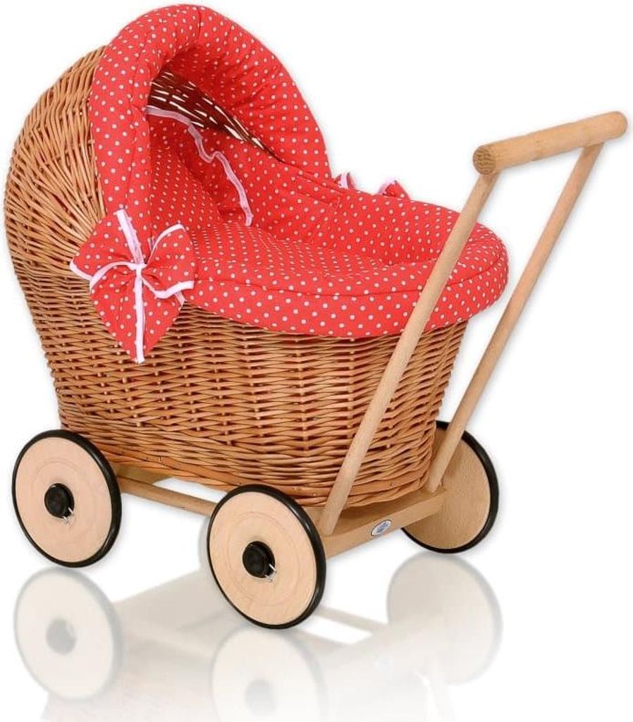 Puppenanhänger aus Korbgeflecht – handgefertigter Kinderwagen – mit roter Bettwäsche und weichem Innenfutter