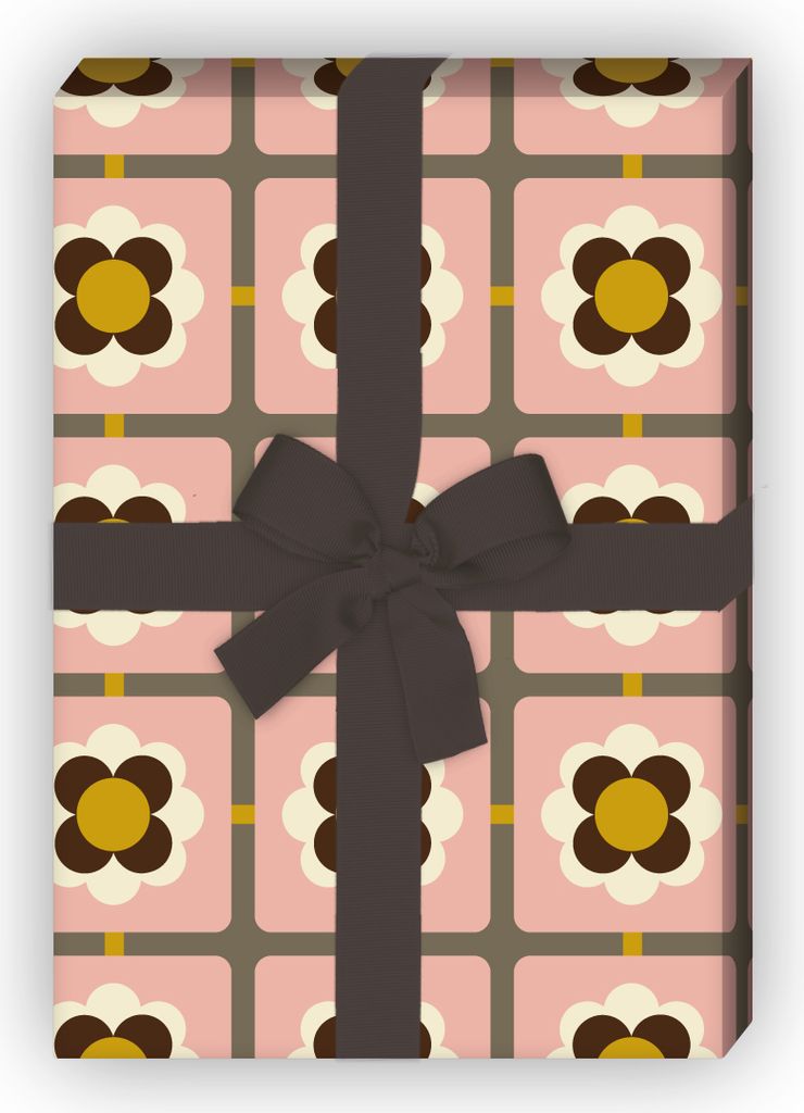 Edles 70er Jahre Geschenkpapier mit Retro Blüten Muster in alt rosa beige - G7233, 32 x 48cm