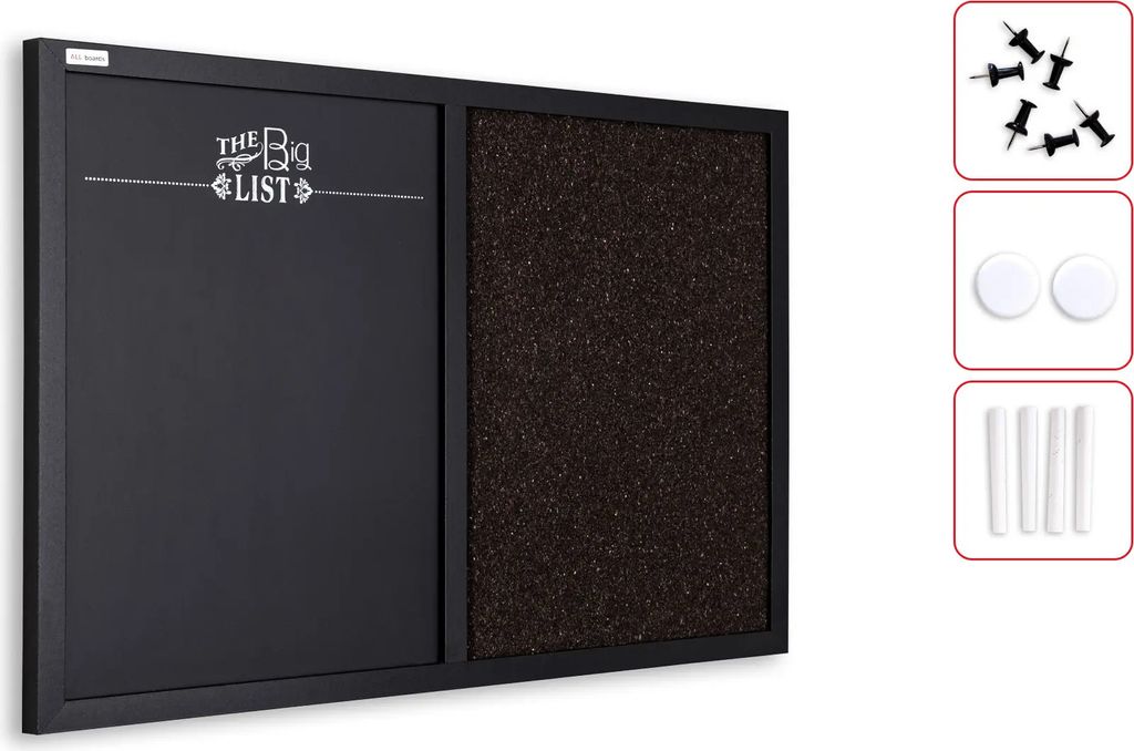 KOMBI-Tafel Kork und magnetische Kreidetafel 60x40 cm Holzrahmen schwarz lackiert + ZUBEHÖR