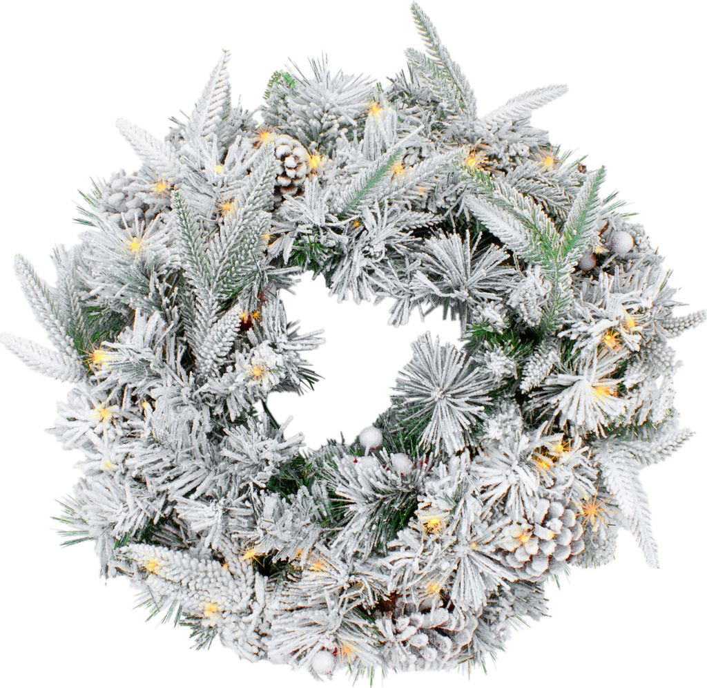Tannenkranz mit Schnee - Beeren - beleuchtet 35 LED / Batterie / Timer - Größe ca. Ø 51 cm (HSW10F-51)