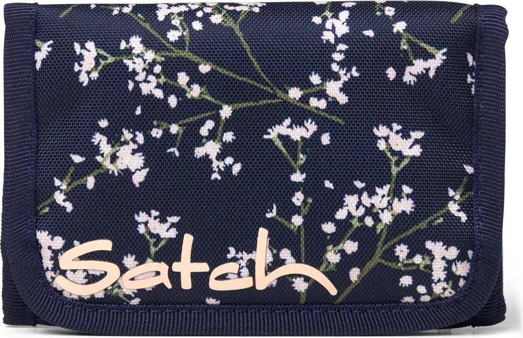 A close-up view of a navy blue wallet with a floral pattern and the brand name 'Satch' printed on it.