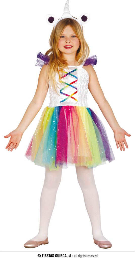 Einhorn Märchenkostüm Kinder Regenbogen Glanz Karneval Fantasy Traumwelt Magie Bunt Zauberwesen Kleid Stirnband Abenteuer, Größe: 110/116 Farbe...