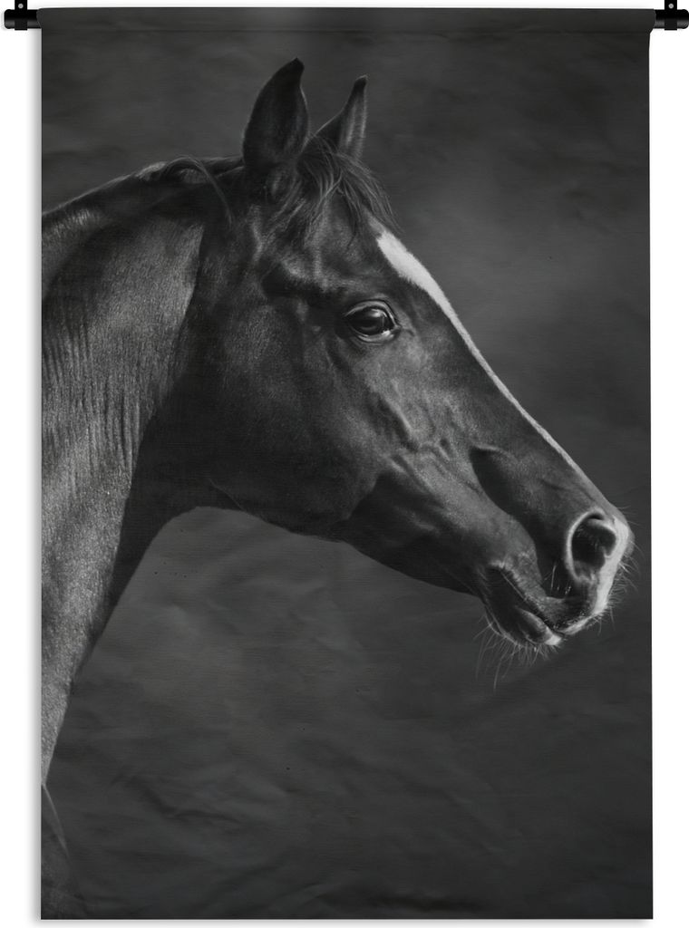 MuchoWow Wandteppich Wandbehang Pferd - Tiere - Schwarz - Weiß - Porträt 90x135 cm Tapisserie Dekoration Wandtuch - Baumwolle - Wandskulptur