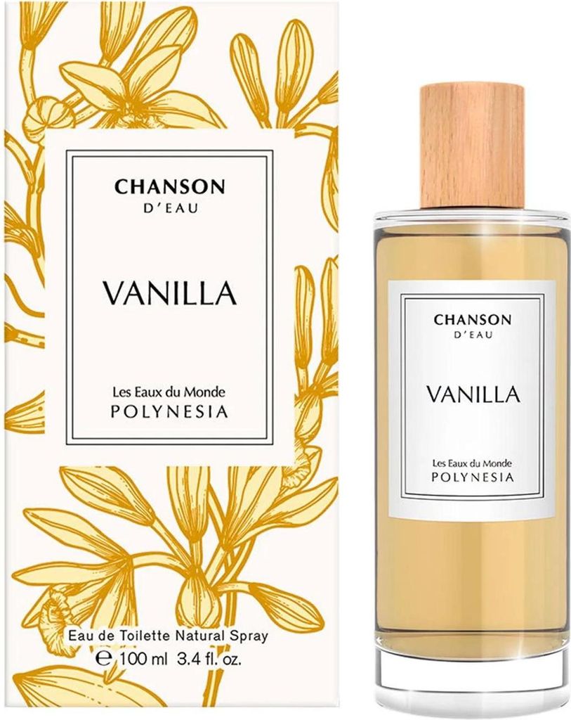 A perfume bottle and its packaging are displayed against a white background. The packaging features a botanical illustration of vanilla flowers and pods.