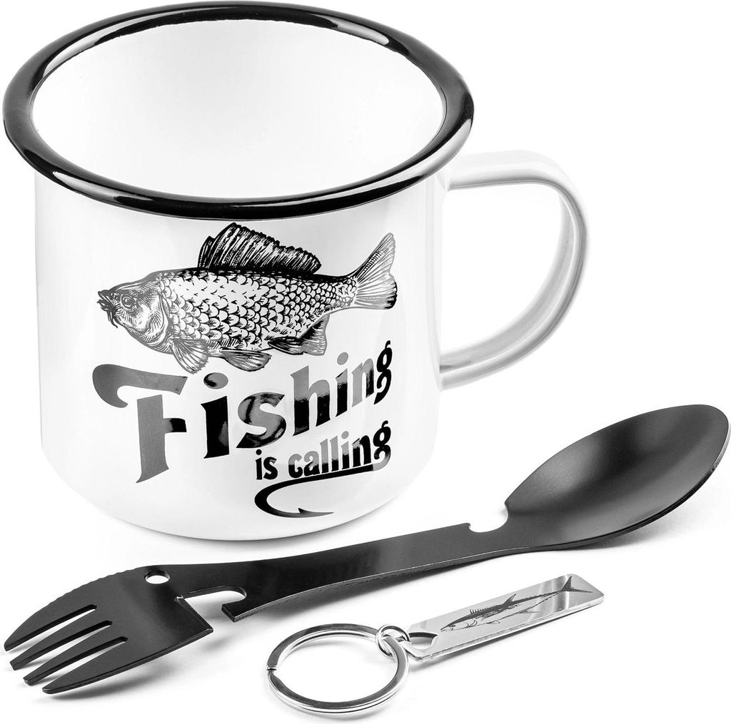 Geschenkset für einen Fischer, Becher, Löffel, Besteck, Schlüsselanhänger