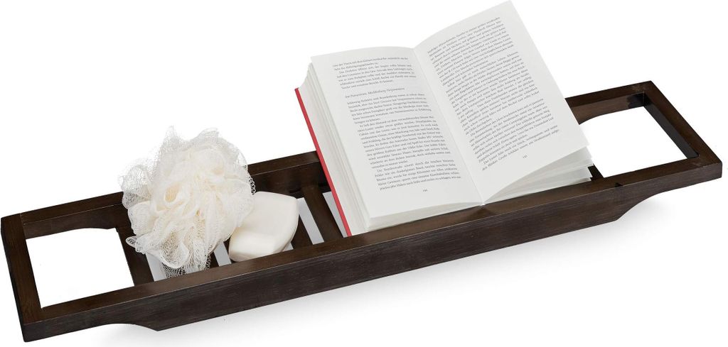Relaxdays Badewannenablage Bambus, 70 cm breit, Badewannenbrett zum Einhängen, Badewannenzubehör Tablett, Dunkelbraun