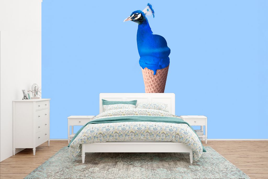 MuchoWow Fototapete für Wohnzimmer oder Schlafzimmer Wandtapete Vinyl Motivtapete Pfau - Eistüten - Eiscreme - Blau - Vogel - 435x260 cm - Kind...