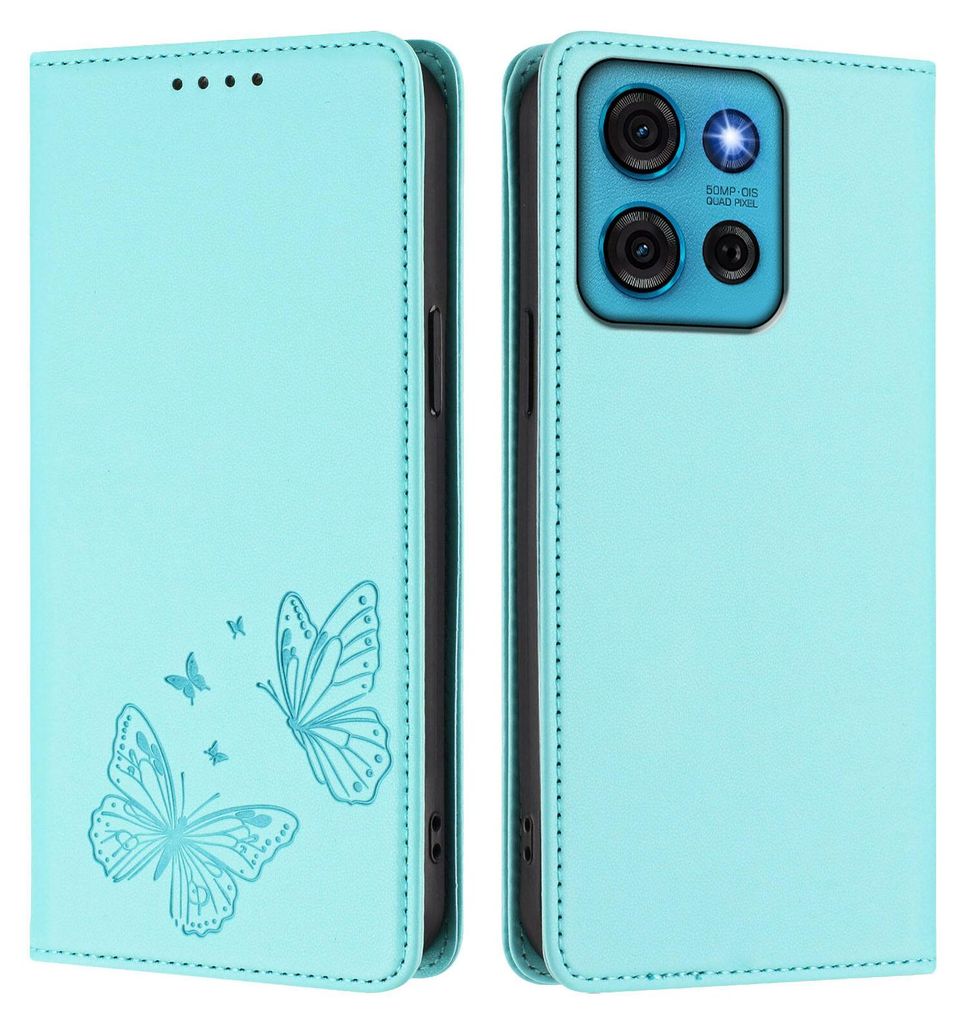 Lederhülle für Motorola Moto G75 5G, Schmetterling Prägung Leder Brieftasche Schutzhülle mit Ständer Türkis