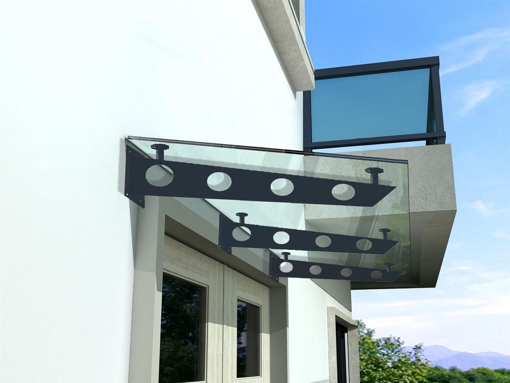 BuyLando (3S) 230x90 cm Klarglas Glasvordach inkl. Edelstahlhalter in RAL 7016