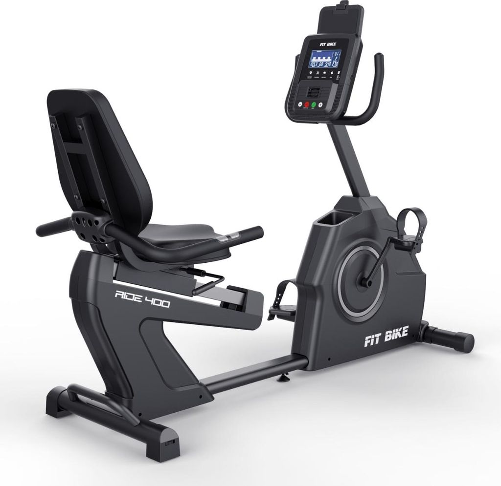 A studio shot of a recumbent exercise bike against a white background.