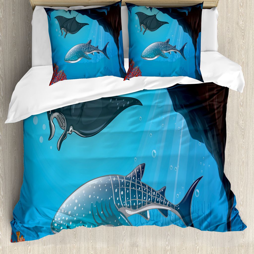 ABAKUHAUS Hai Bettbezug, Schwimmen Shark Ozean, Milbensicher Allergiker geeignet mit Kissenbezügen, 155 cm x 220 cm - 80 x 80 cm, Blau grau