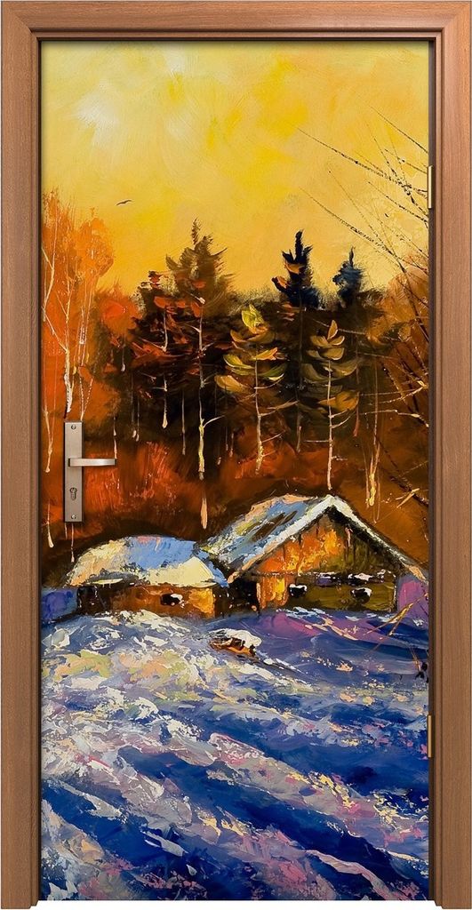 Türposter 90x200 cm Türaufkleber Türtapete Türfolie Klebefolie Landschaft Abend im Winter dorf