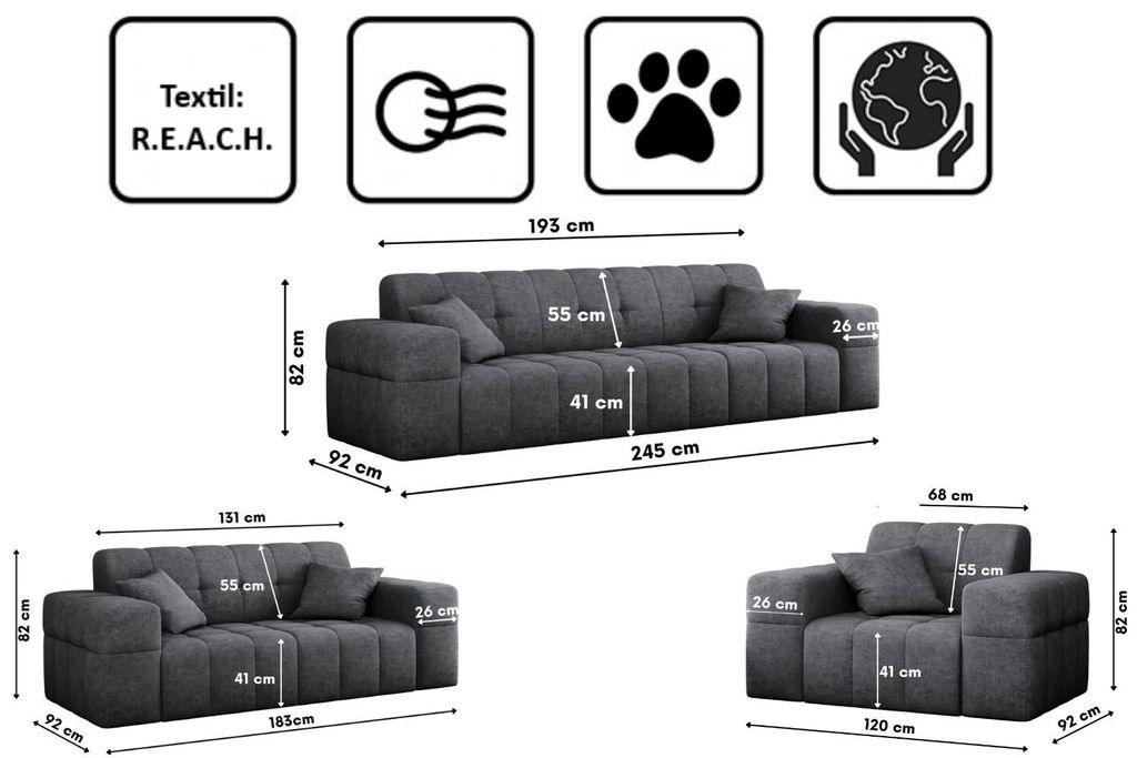 Komplet wypoczynkowy 3+2+1 NIMES ciemnoszary