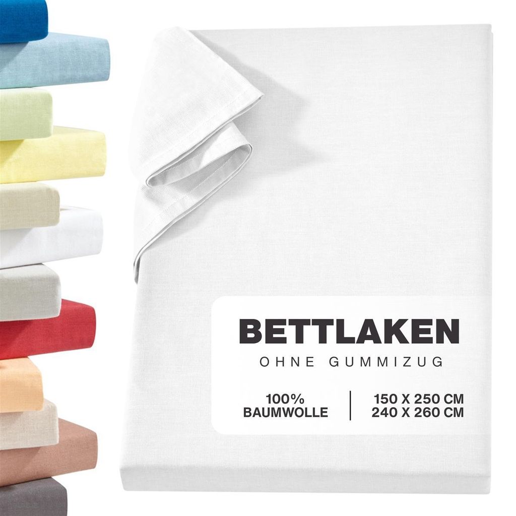 Linon Betttuch aus 100% Baumwolle ohne Gummizug Weiß 240 x Produktbild 