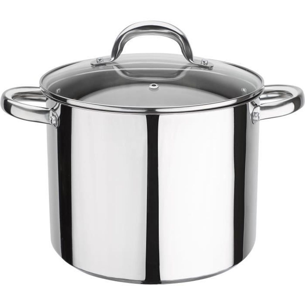A stainless steel pot with a glass lid and handles.