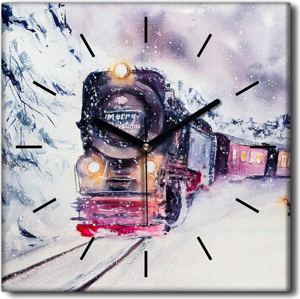 Coloray Uhr auf Leinwand 30x30 cm Wand Uhr Dekoration Wohnzimmer Segeltuch schwarze Hände -Schneezuglandschaft.