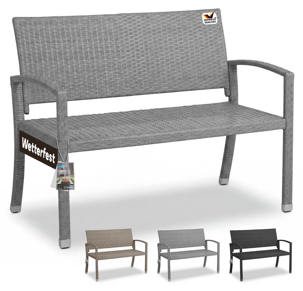 CASARIA Gartenbank Sitzbank Wetterfest Kunststoff 320kg Belastbarkeit Rückenlehne 122x58cm Garten Balkon Terrasse Bank Ergonomisch Polyrattan Grau