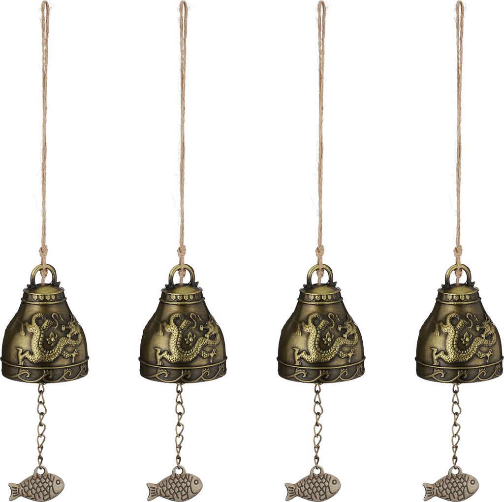 Relaxdays Windspiel Glocken, 4er Set, Feng Shui Glockenspiel, Phönix & Drache Motiv, Garten, Metall, Klangspiel, gold