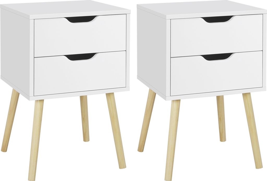 Two white nightstands with wooden legs are shown against a white background.