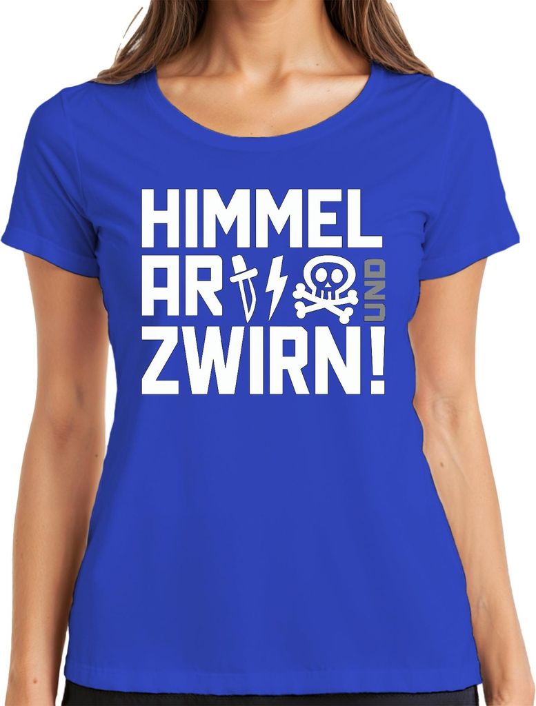 Himmel Arsch und Zwirn frech lustig Totenkopf Punk Blitz Messer Damen T-Shirt, Blau, XXL