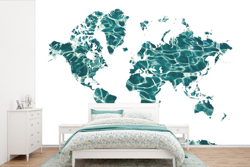 MuchoWow Fototapete für Wohnzimmer oder Schlafzimmer Wandtapete Vinyl Motivtapete Weltkarte - Meer - Weiß - 330x220 cm - Fototapeten