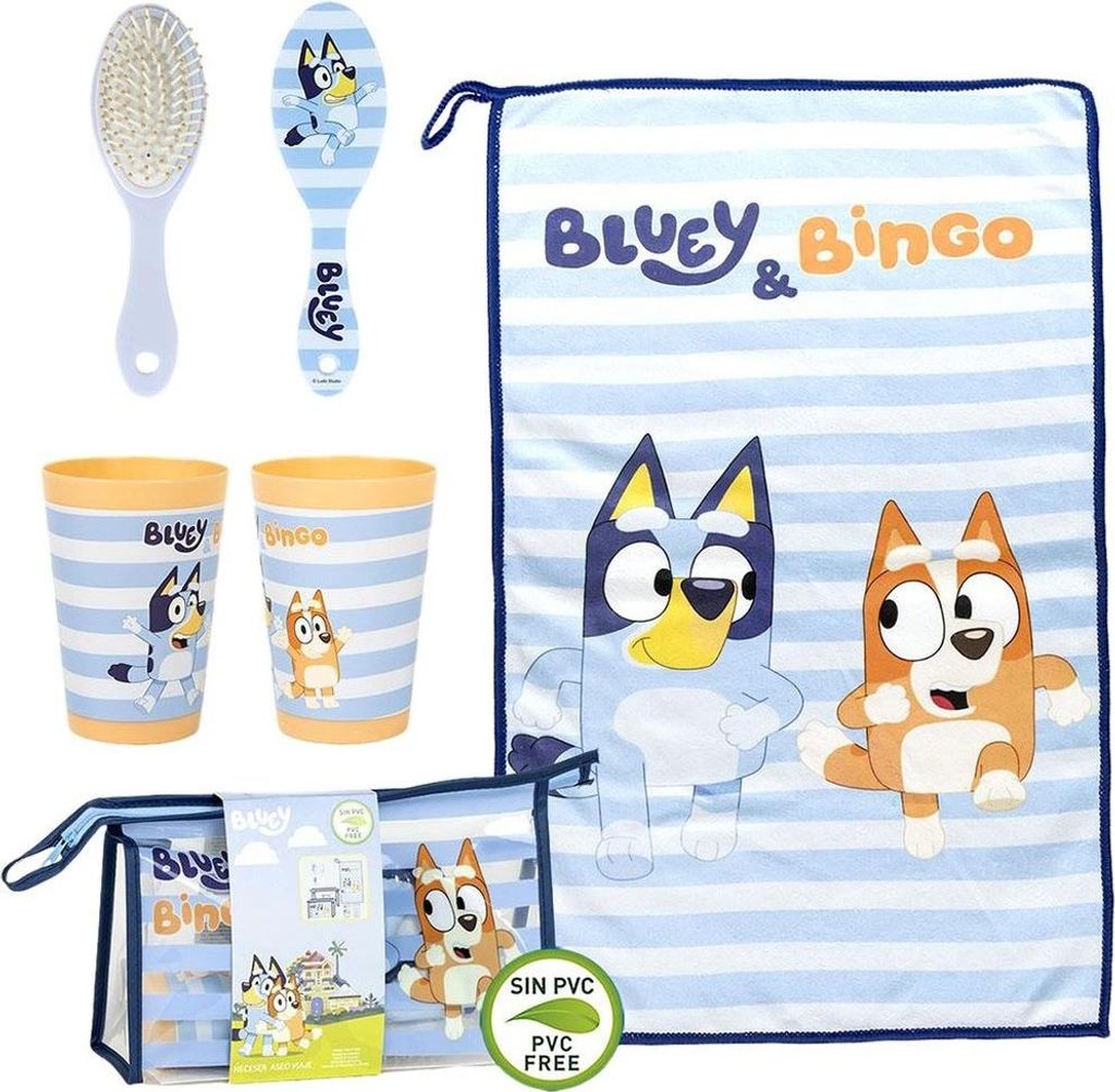 STOR Bluey & Bingo Set 3-teilig fürs Kinderzimmer: Handtuch, Bürste und Glas in PVC-freiem Kosmetikkoffer